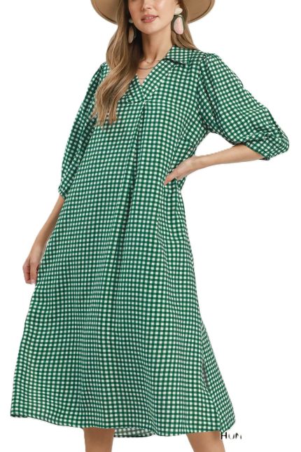 Gingham Check Collared Midi Dress