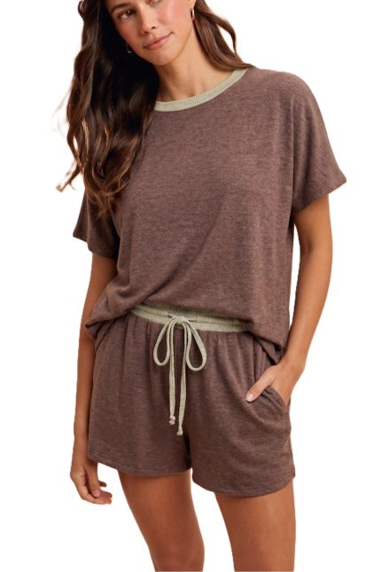Loose Fit Soft Melance Knit Top And Mini Shorts Set