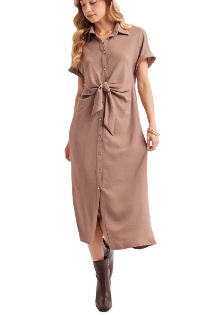 Self-tie Knot Button Down Midi Shirt Dress