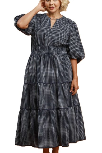 Plus Plaid Smocked Waist Tiered Midi Dress
