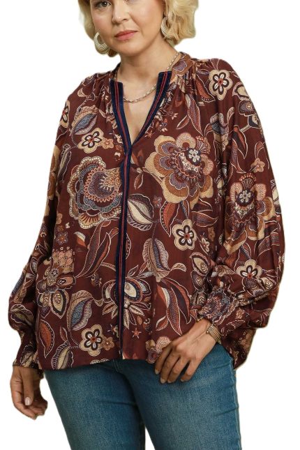 Plus Floral Print Long Sleeve Blouse