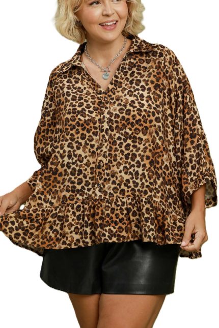 Plus Leopard Print Collared Peplum Button Detail Top