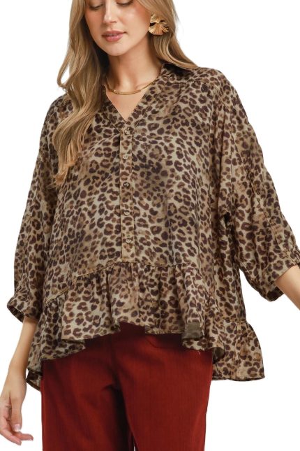 Leopard Print Collared Peplum Button Detail Top