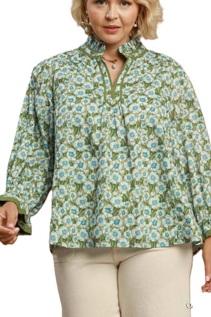 Plus Mix Floral Print Mandarin Collar Blouse