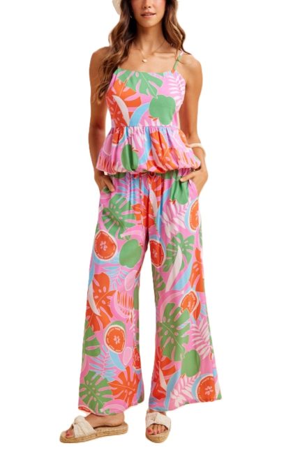 Tropical Print Balloon Hem Cami And Wide-leg Pants Set
