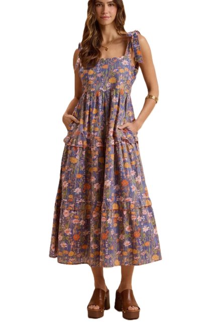 Floral Ruffle Tiered Midi Dress With Tie Shoulder