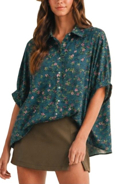 Oversized Floral Print Button Down Corduroy Blouse