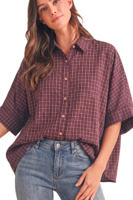 Oversized Plaid Check Print Button Down Blouse
