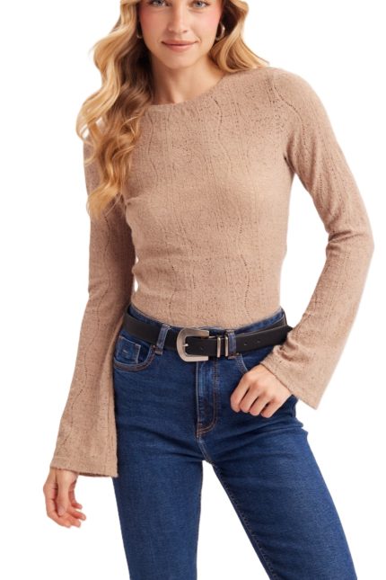 Sheer Open Knit Bell Sleeved Top