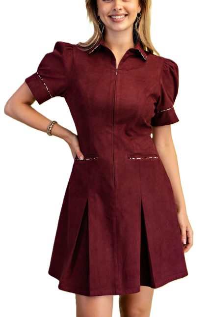 Suede A-line Pleated Mini Dress