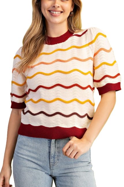 Pointelle Knit Short Sleeve Sweater