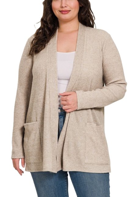 Plus Heather Ribbed Sweater Open Front Cardigan