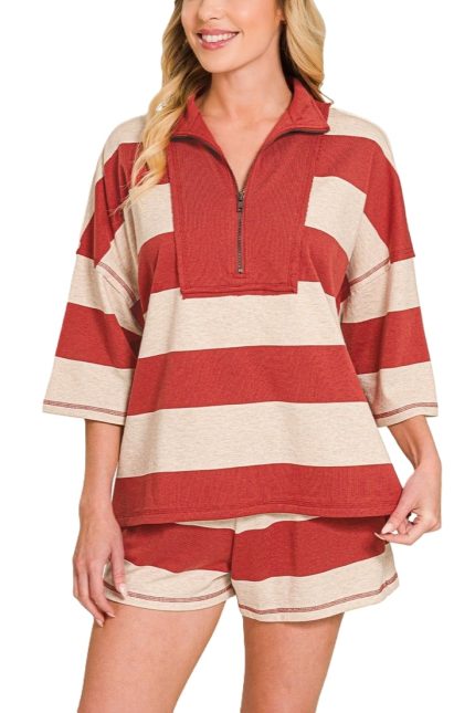 F/terry Striped Half Zip High Neck Top And Shorts Set