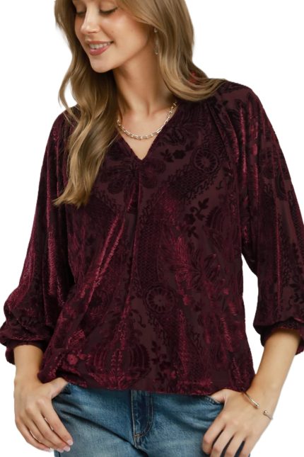 Damask Print Velvet Split Neck Top
