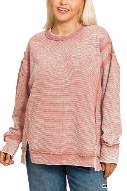 Plus Acid Washed Double Ribbed Expsd-seam Pullover