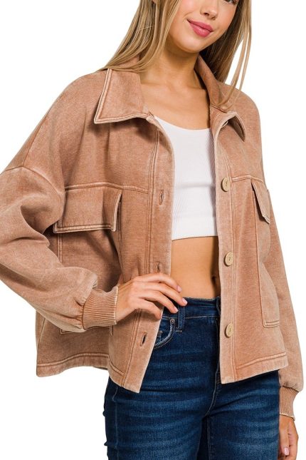 Acid Washed Fleece Front Pocket Cropped Shacket