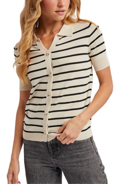 Striped Knit Button Down Polo Top
