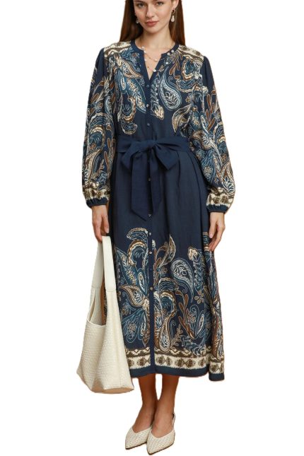 Abstract Print Tie Waist Midi Dress