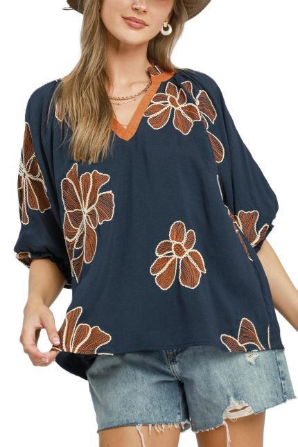 Floral Embroidered V-neck Relaxed Top