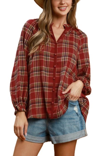 Plaid Button Down Long Sleeve Relaxed Top