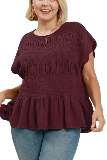 Plus Linen Blend Smocked Peplum Top