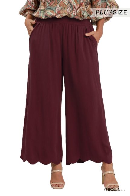 Plus Linen Blend Scallop Hem Wide Leg Pants