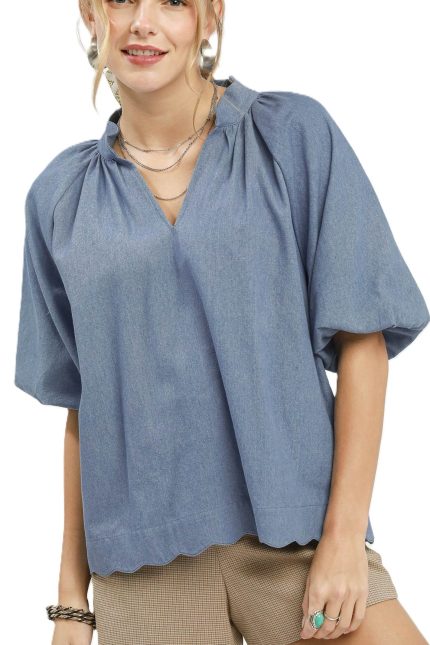Chambray Scallop Hem Puff Sleeve Top
