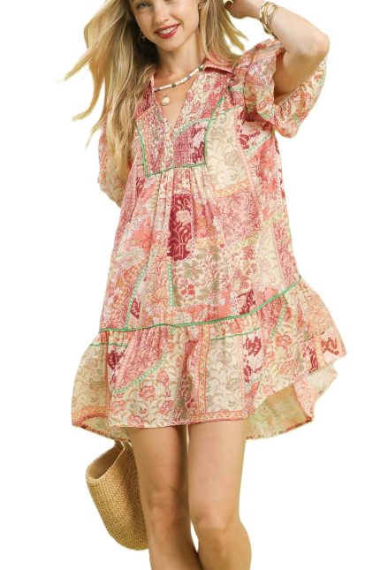 Boho Patchwork Ruffle Mini Dress
