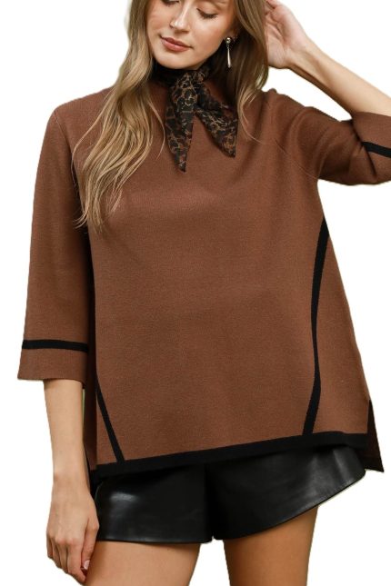 Mock Neck Contrast Trim Short Sleeve Knit Sweater Top