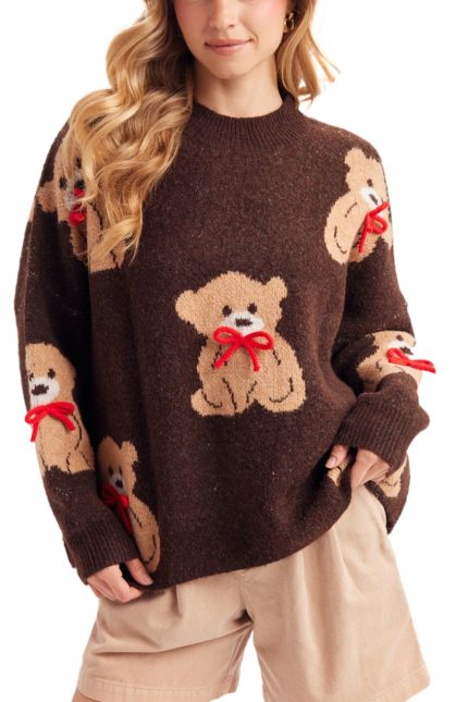 Sweet Teddy Bear 3d Bow Knit Ugly Sweater