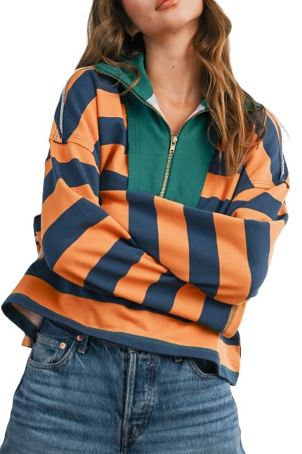 Striped Quarter-zip Contrast Collar Sweatshirt