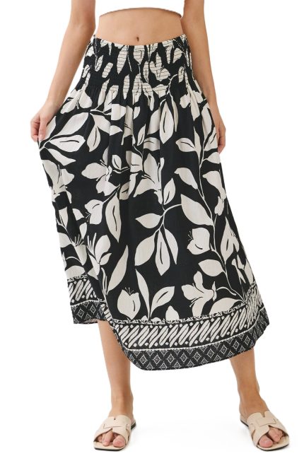 Border Print Smocked Waist Maxi Skirt