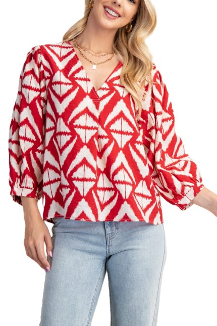 Bold Print V-neck Blouse With Voluminous Sleeves