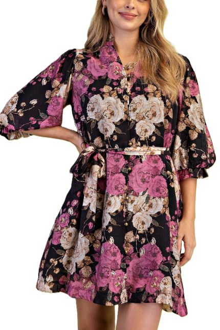 Fall Floral Print Button Down Dress