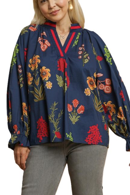 Plus Floral Print V Neck Open Collar Top