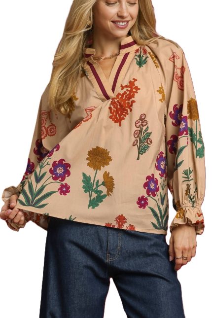 Floral Print V Neck Open Collar Top