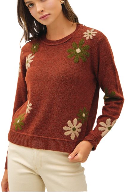 Wool Blend Floral Accent Sweater