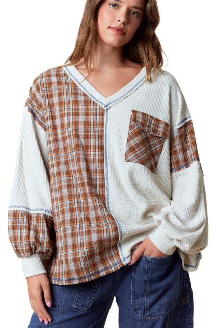 Waffle And Plaid Color Block Stitch Detailed Top