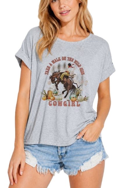 Cowgirl Print Round Neck Short Sleeve Top