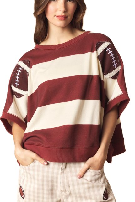 Football Patches With Stripe Dolman Sleeve Crop Sweatshirt