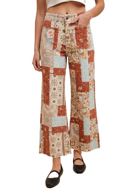 Patchwork Print Stretch Wide-leg Pants