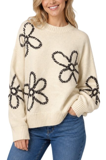 Embroidered Flower Outline Sweater