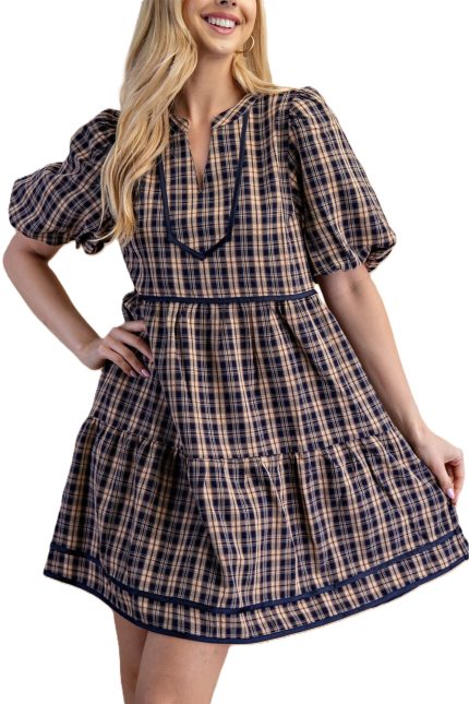 Plaid Tiered Puff Sleeve Mini Dress