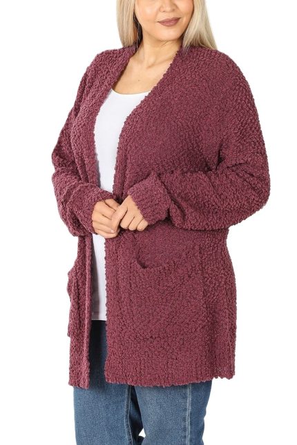 Plus Long Sleeve Popcorn Cardigan With Pockets