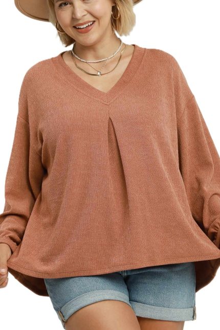 Plus Pleated V-neck Top