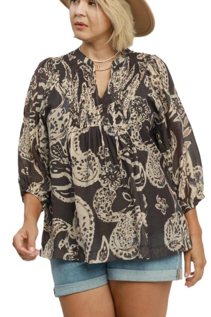 Plus Paisley Print Smocked Neck Flowy Boho Top