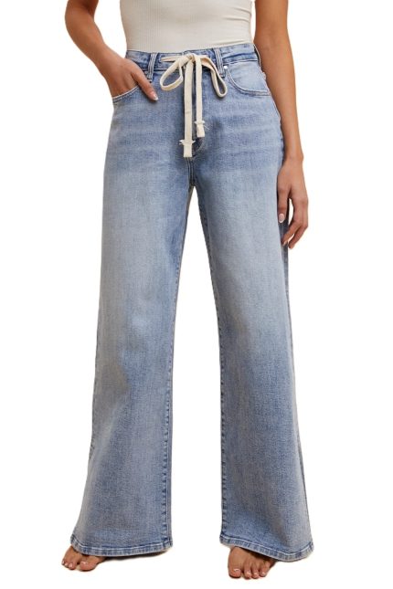 Waist Strap Detail Stretch Side Slit Wide Leg Jean