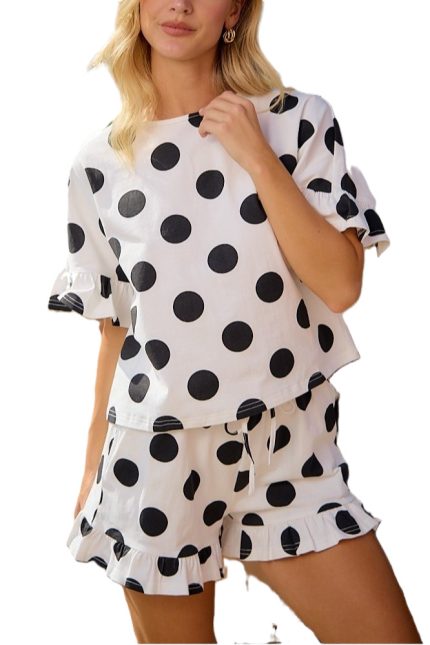Polka Dots Printed Ruffled Detail Top And Shorts Set