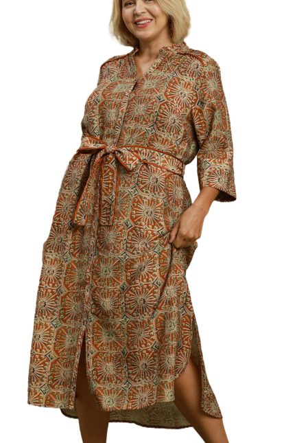 Plus Abstract Pint Button-front Tie Waist Midi Dress