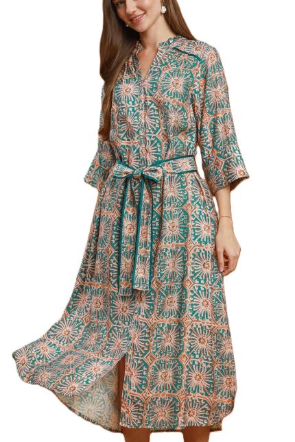 Abstract Pint Button-front Tie Waist Midi Dress
